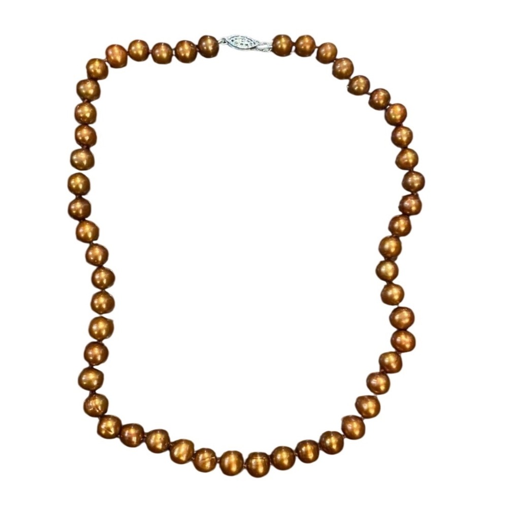 Bronze Freshwater Pearl Necklace Ringed Potato Pearls Gold Tone Filigree Clasp